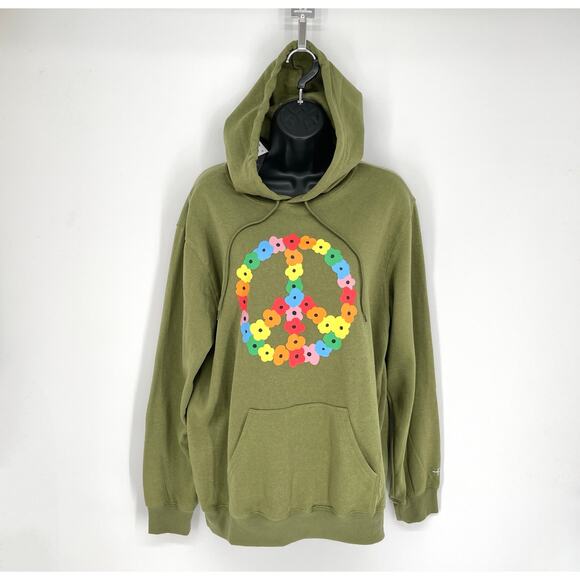 The Phluid Project NEW Floral Peace Sign Hoodie Unisex Sz M Green Pocket Soft - Picture 1 of 10